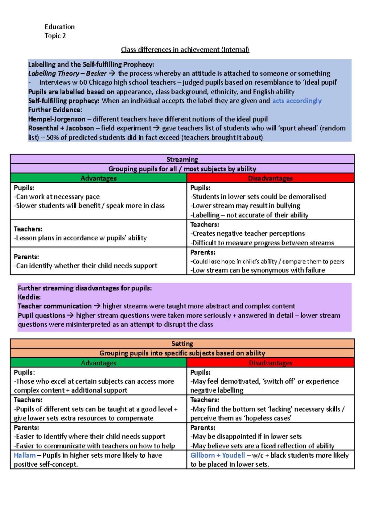 Class differences in achievement - Gillborn + Youdell – w/c + black ...