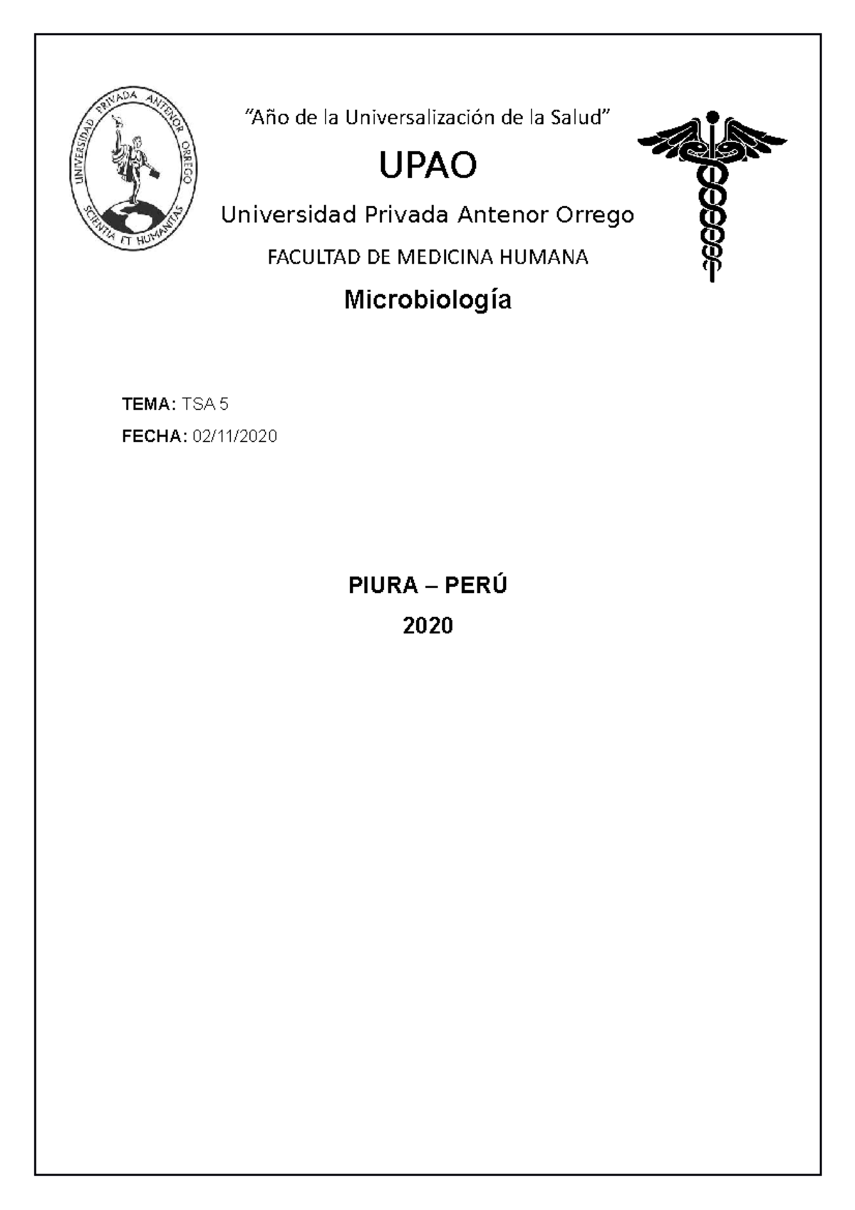 TSA5 Microbiologia TSA 5 DE MICROBIOLOG A UPAO A o De La 