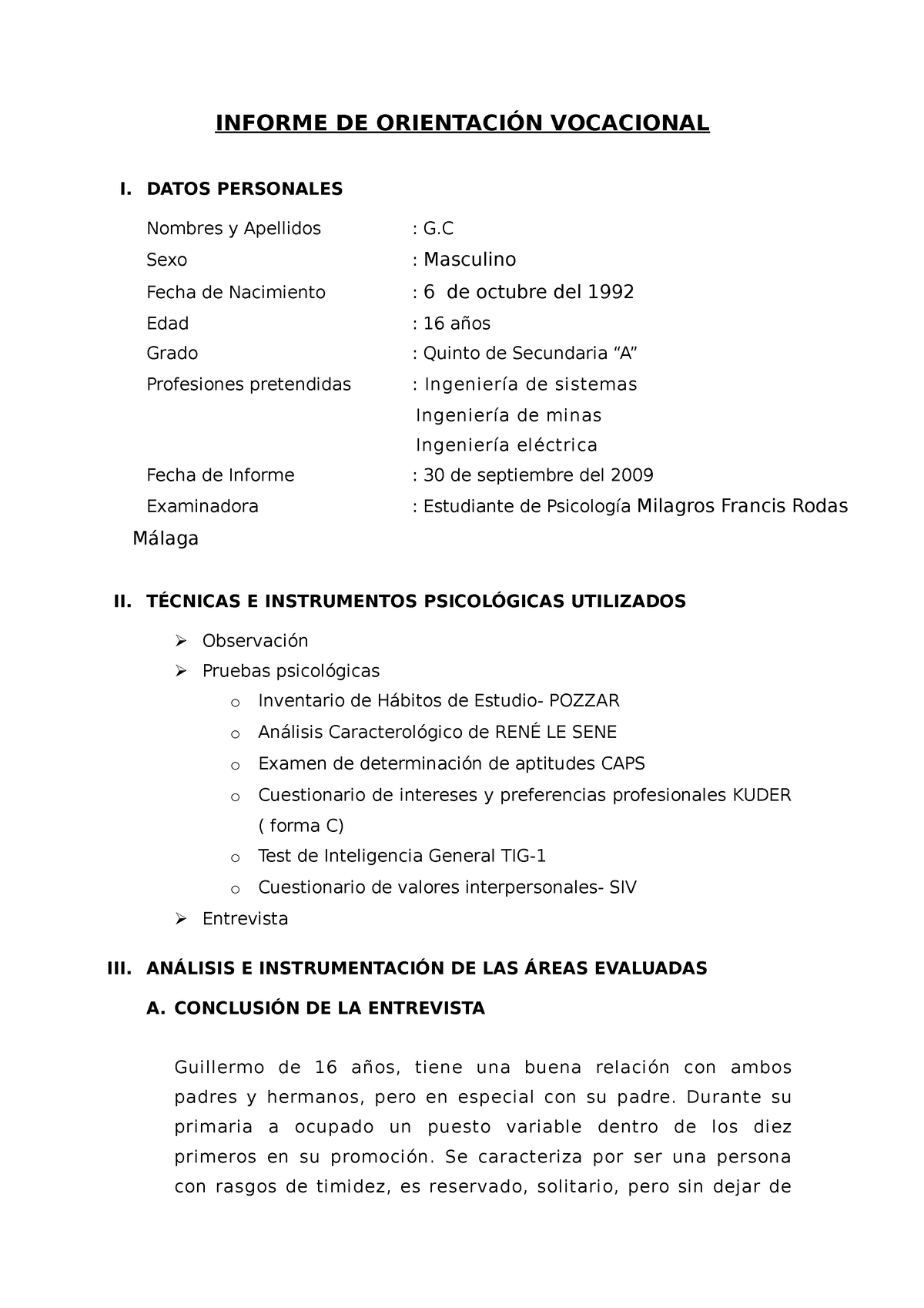 Modelo De Informe De Orientación Vocacional Informe De OrientaciÓn Vocacional I Datos 2443