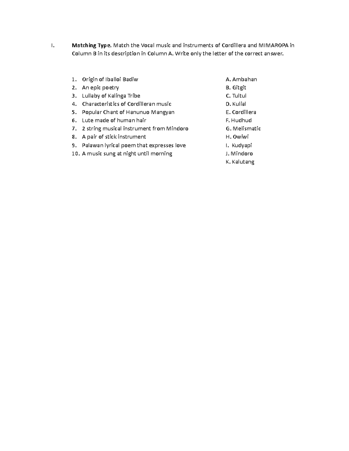 Music-Matching Type - Test - I. Matching Type. Match the Vocal music ...