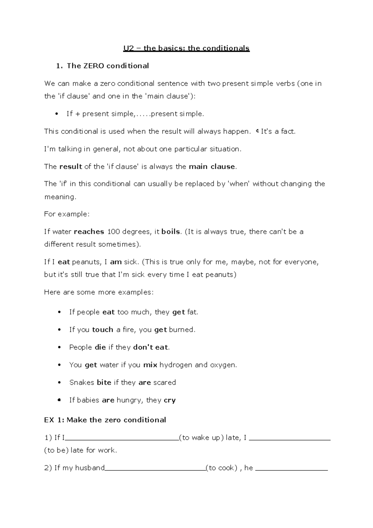 The conditionals extra ex - U2 – the basics: the conditionals The ZERO ...