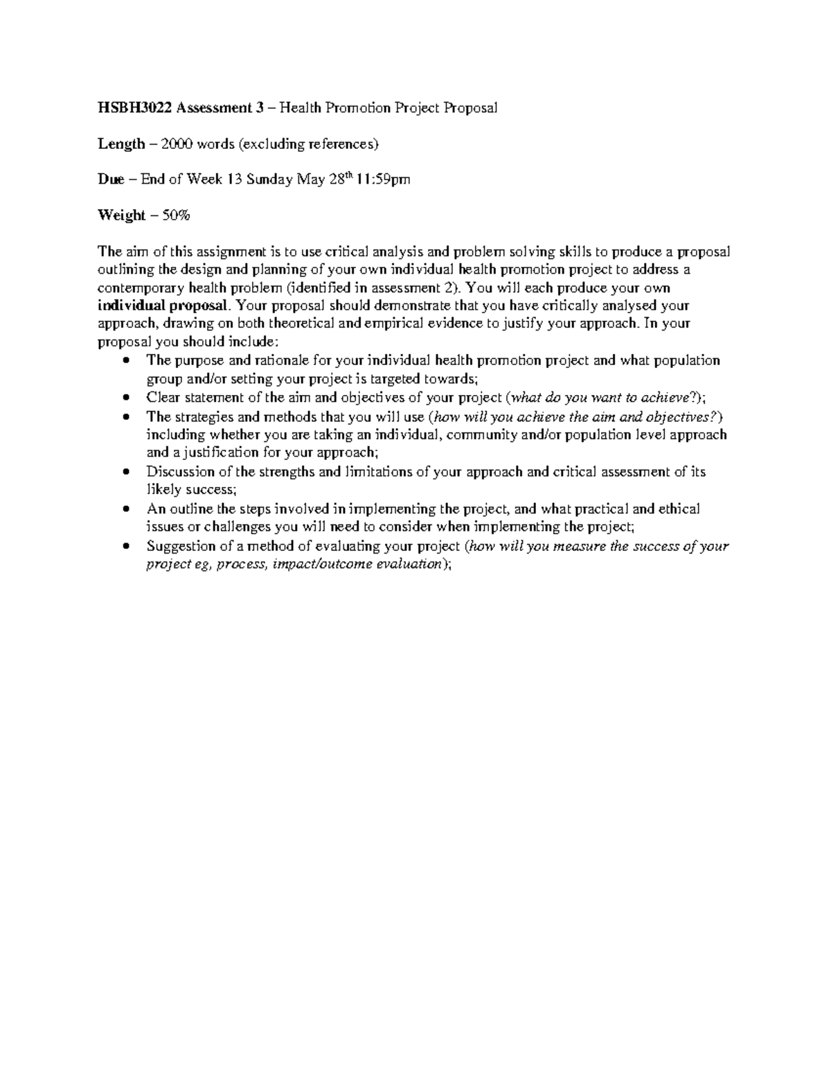 Assessment 3 criteria 2023 HSBH3022 Assessment 3 Health Promotion