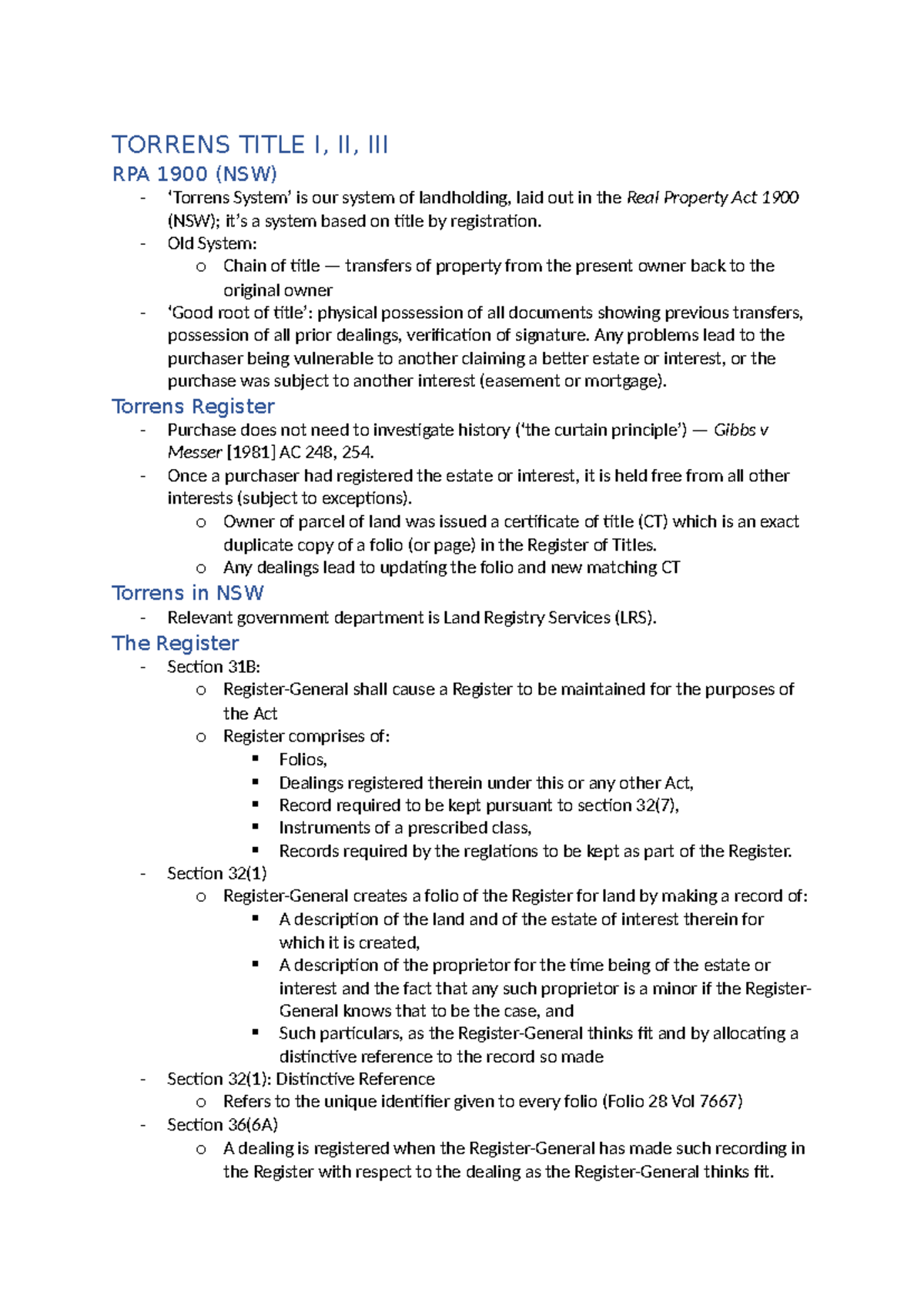 Practice notes for Real Property - TORRENS TITLE I, II, III RPA 1900 ...