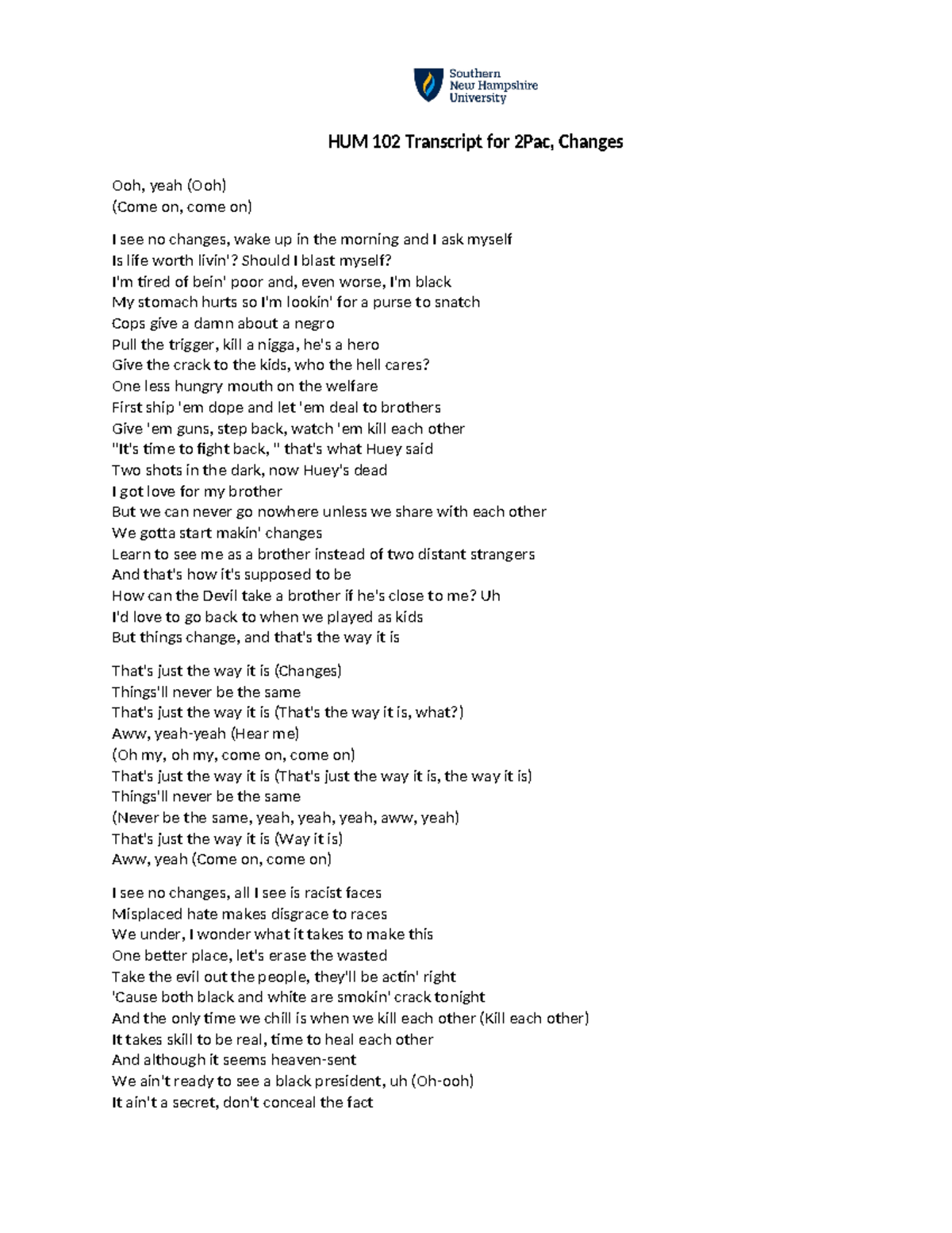 HUM 102 Transcript for 2Pac, Changes - HUM 102 Transcript for 2Pac ...