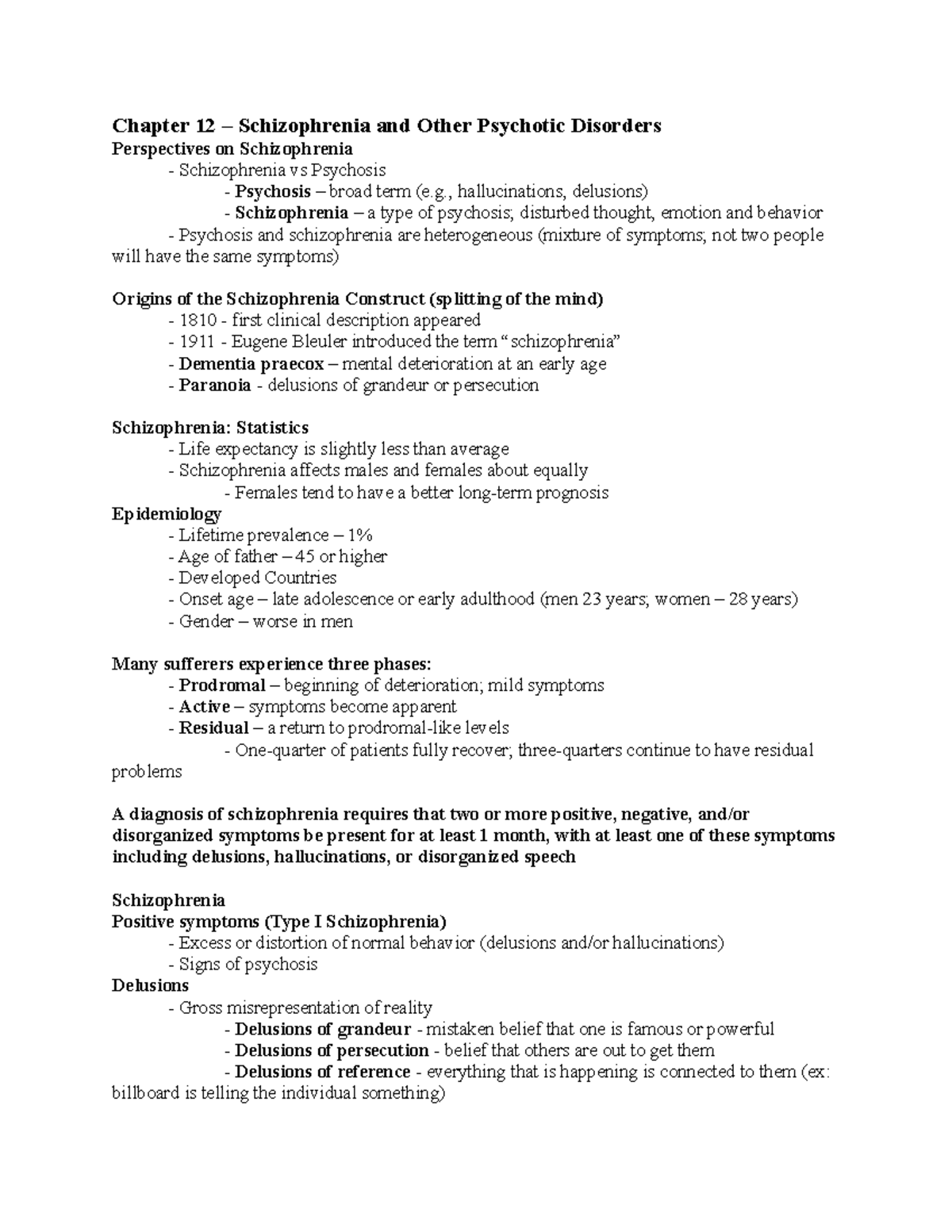 Abnormal Psychology Notes (Exam 3) - Chapter 12 Schizophrenia and Other ...