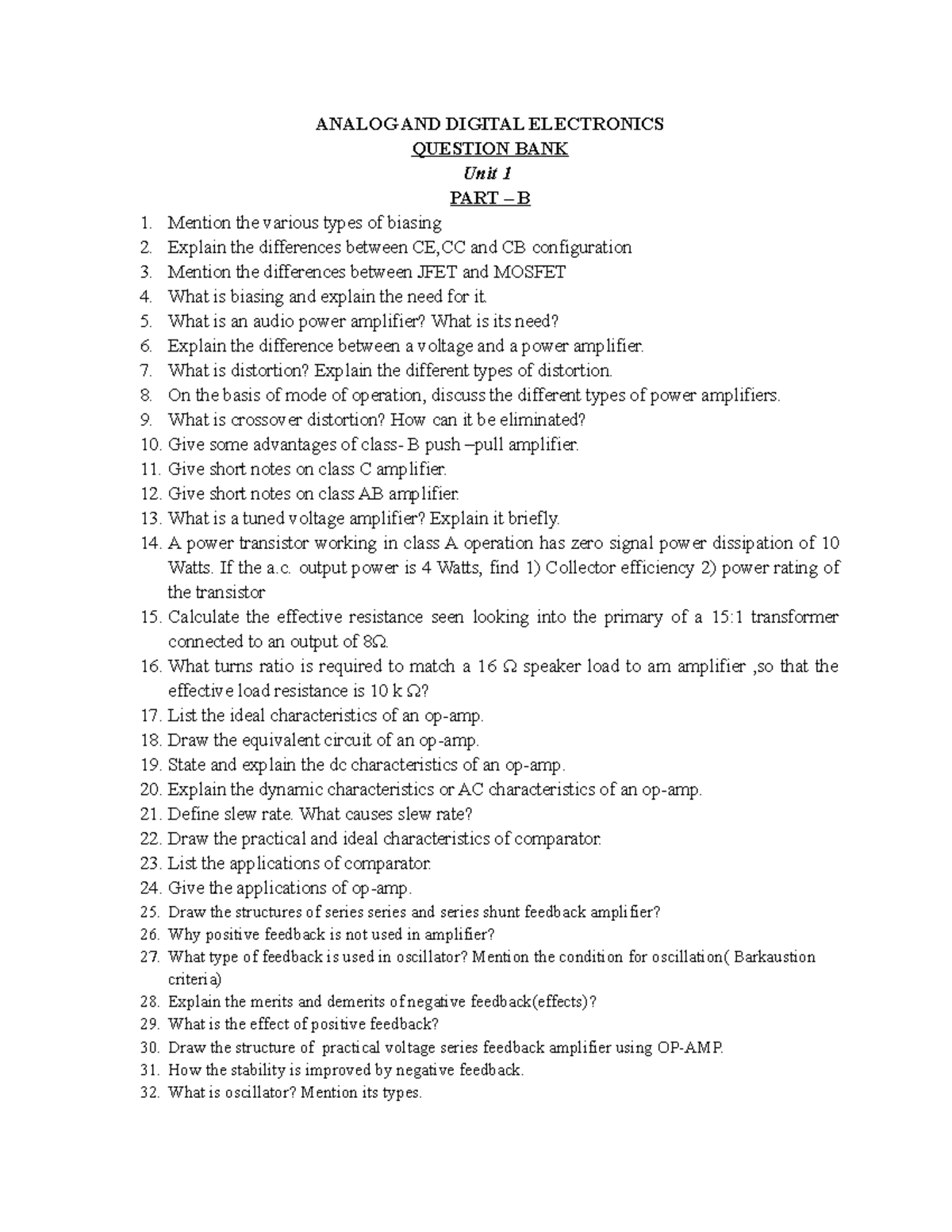 Question bank unit1 - ANALOG AND DIGITAL ELECTRONICS QUESTION BANK Unit ...