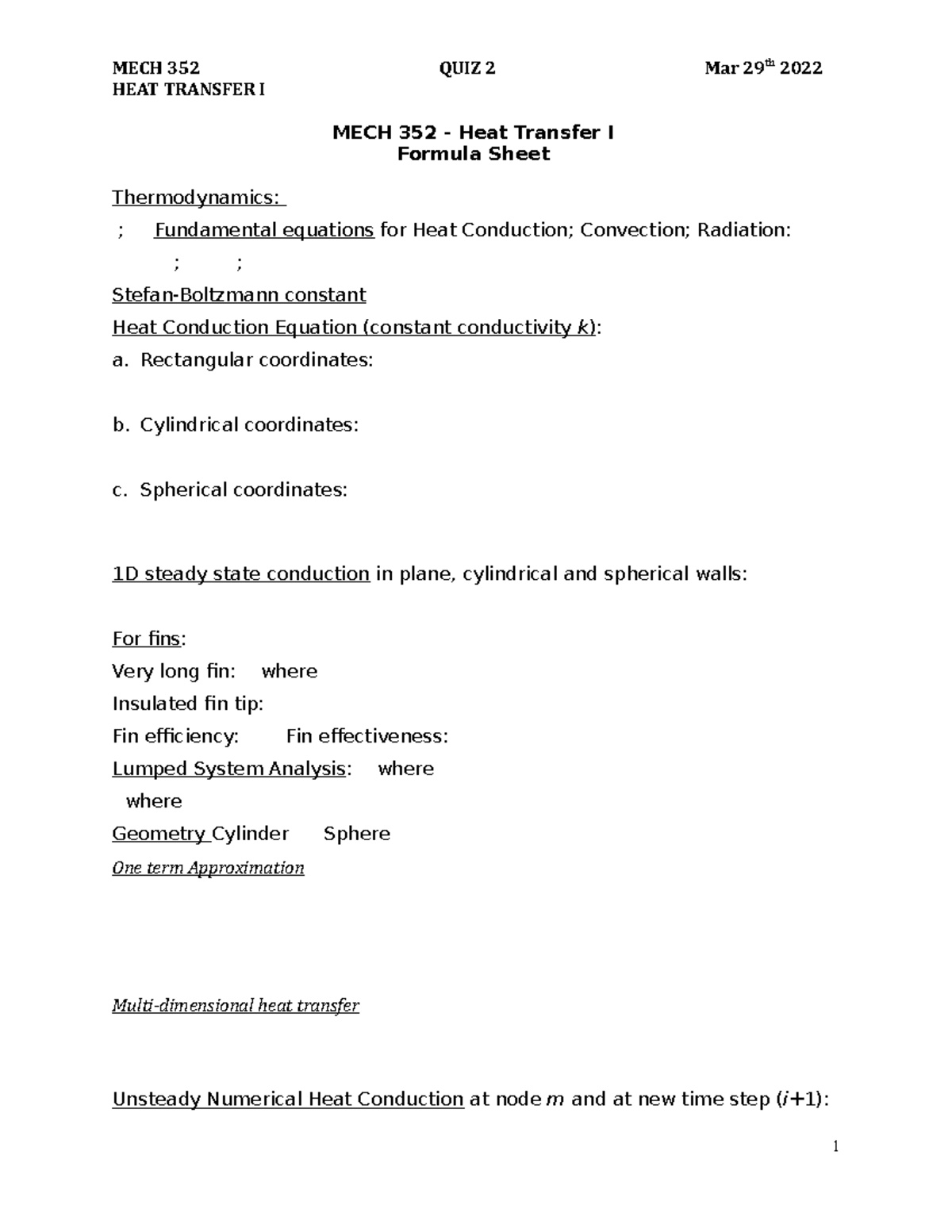 QUIZ 2 - Formula Sheet - MECH 352 HEAT TRANSFER I QUIZ 2 Mar 29th 2022 ...