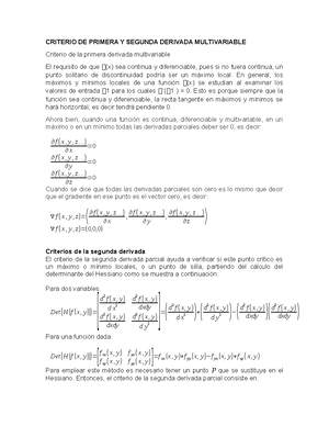 Criterio DE Primera Y Segunda Derivada Multivariable - CRITERIO DE PRIMERA  Y SEGUNDA DERIVADA - Studocu