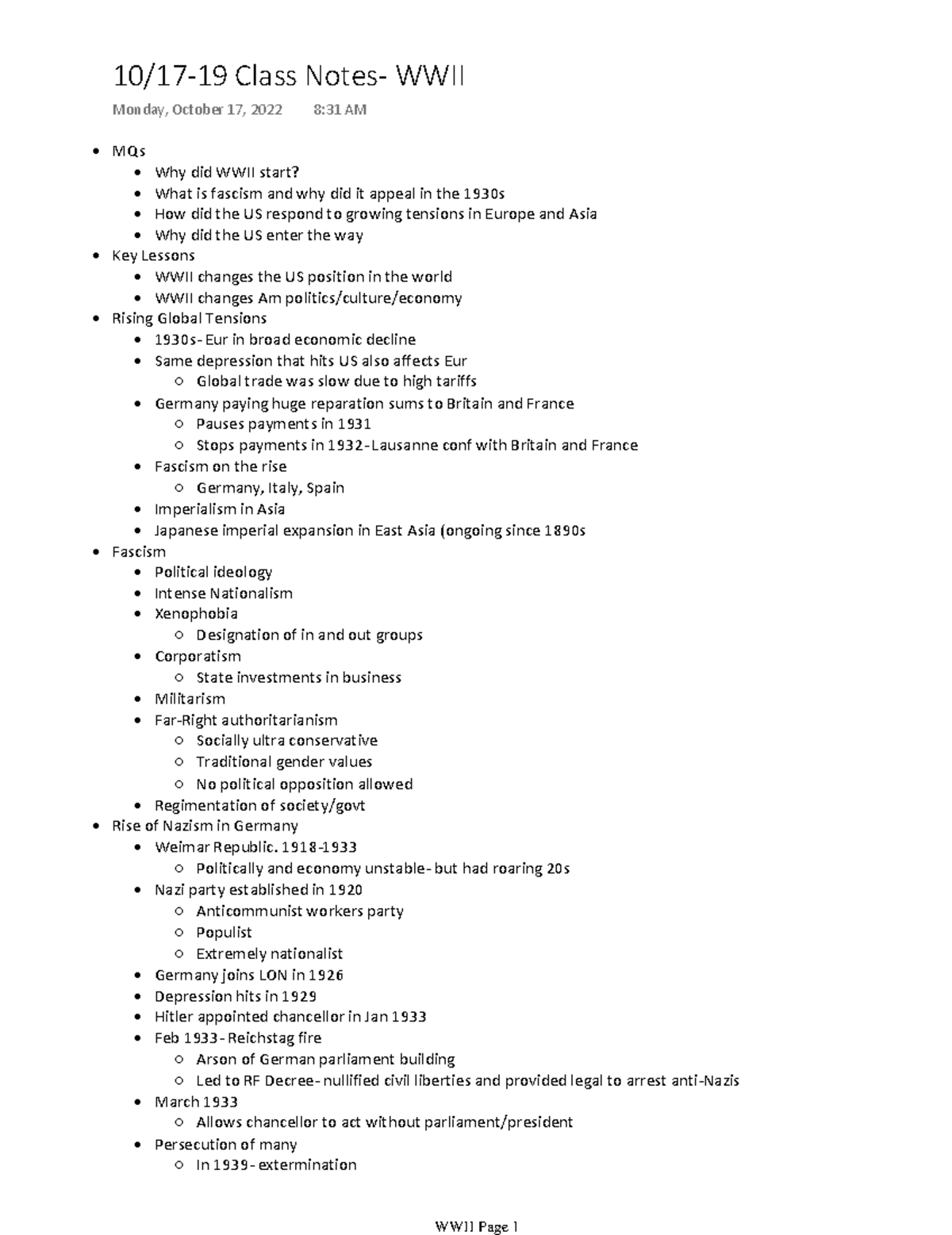 1017-19 Class Notes- WWII - MQs - Why did WWII start? - What is fascism ...