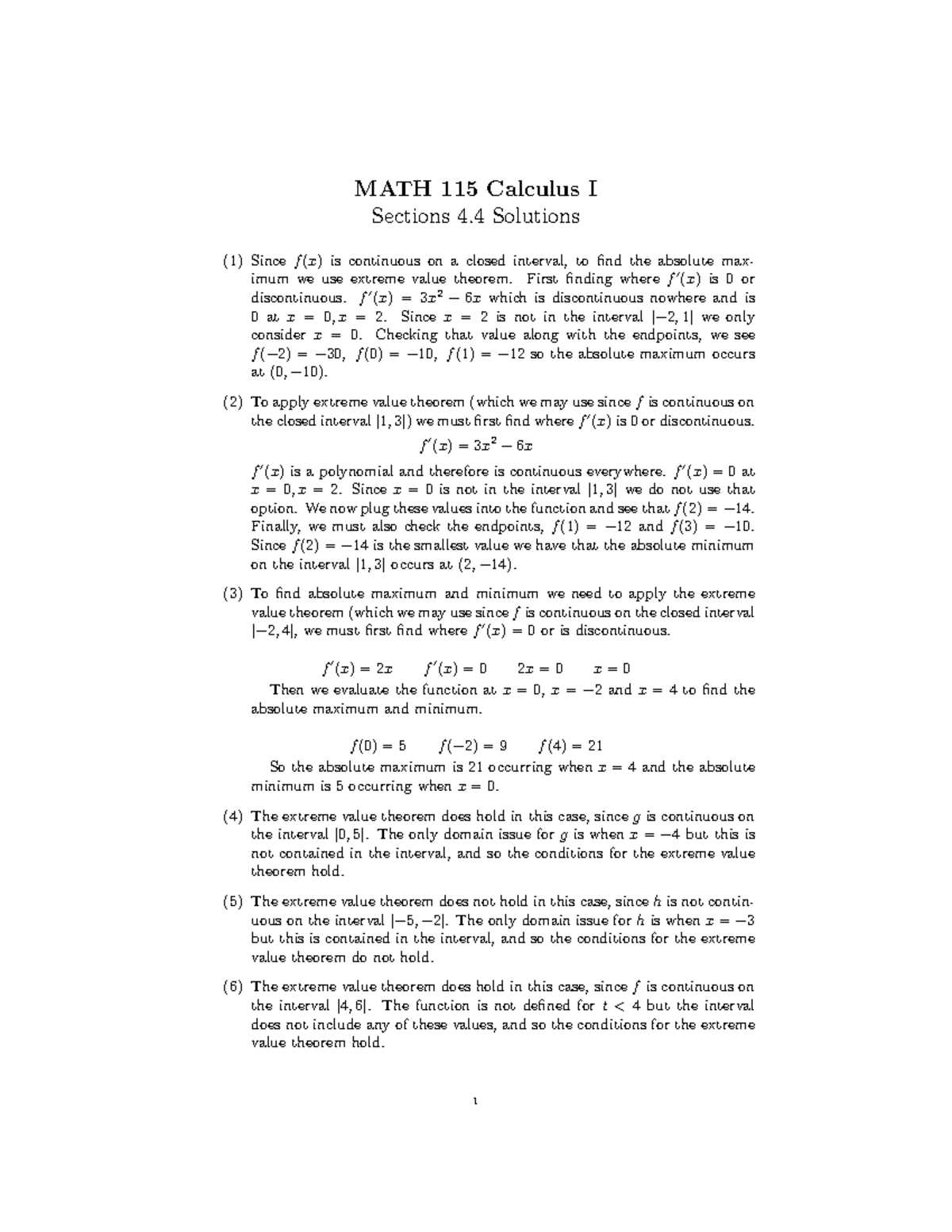 Section 4.4 Solutions - MATH 115 Calculus I Sections 4 Solutions (1 ...