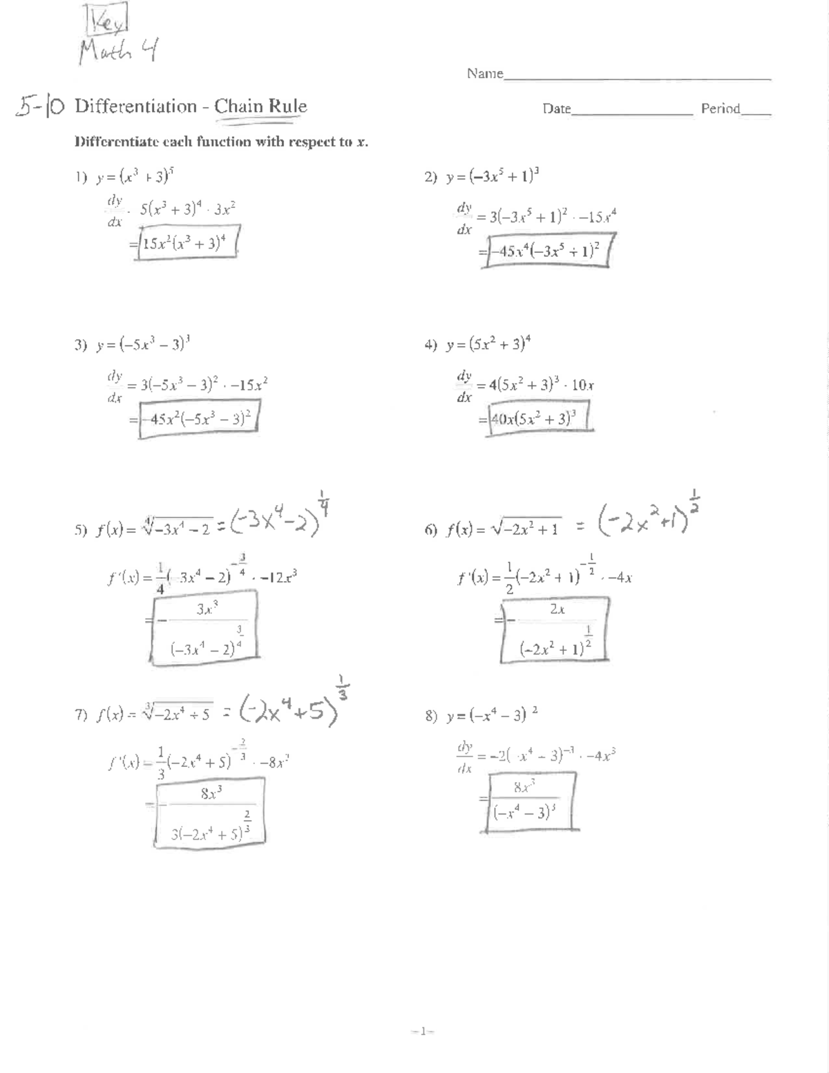 5-10 Practice Answers - Key Math 4 Name 5-10 Differentiation - Chain ...