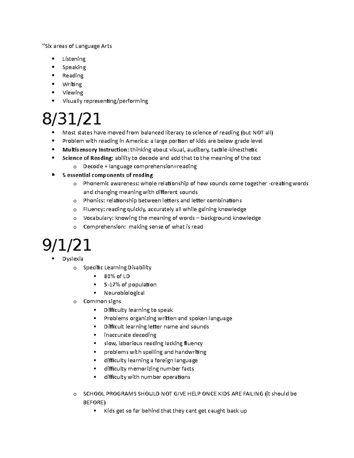 LA Class Notes - ‘’Six areas of Language Arts Listening Speaking ...