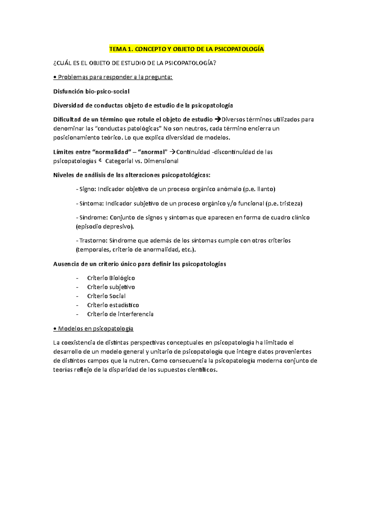 Tema 1 - Apuntes 1 - TEMA 1. CONCEPTO Y OBJETO DE LA PSICOPATOLOGÍA ...