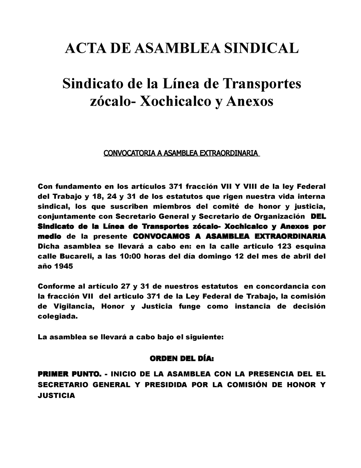 Formato de Acta de Asamblea Sindical, con eleccion de mesa de debates - ACTA  DE ASAMBLEA SINDICAL - Studocu