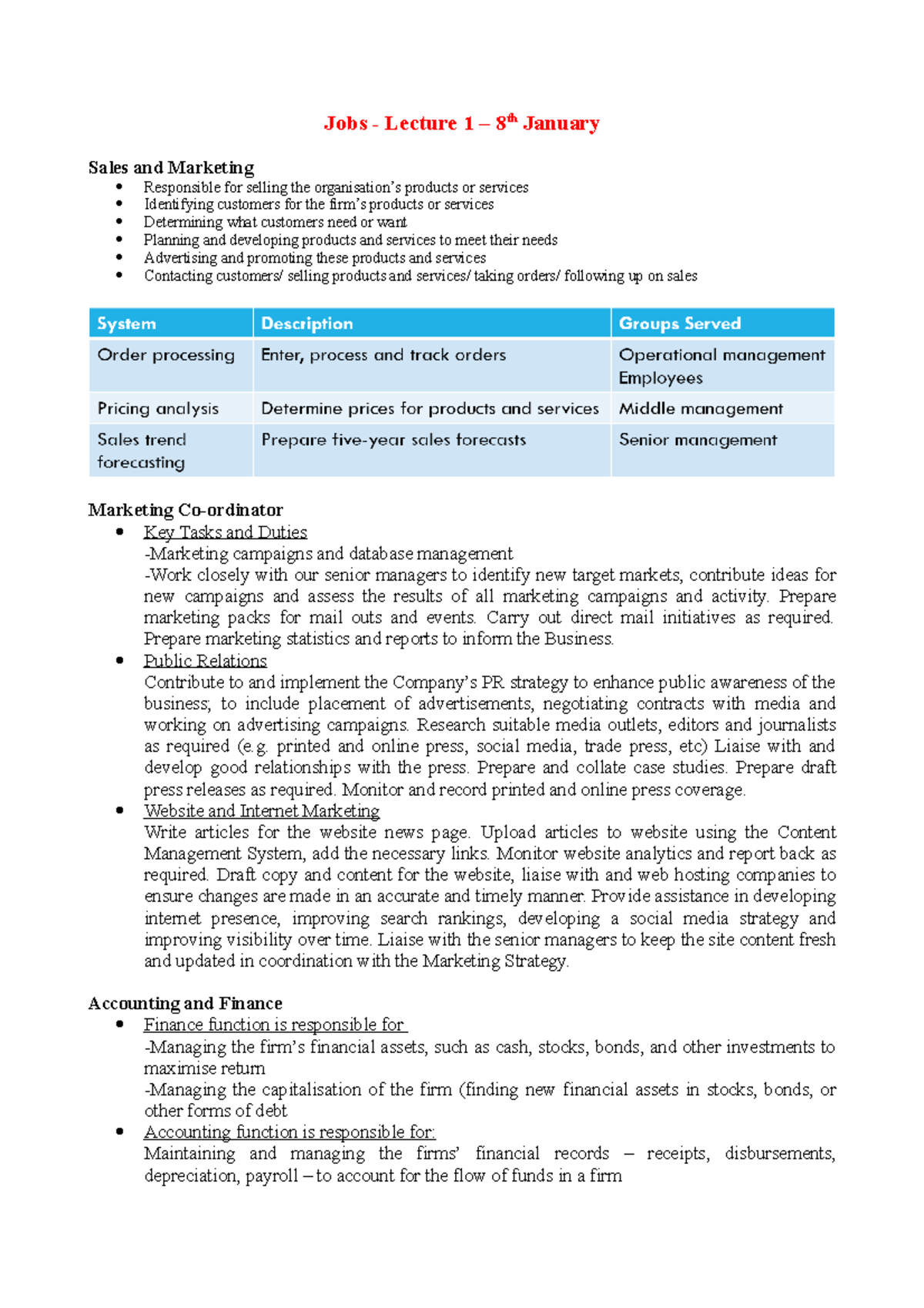 MN1505 Foundations in Digital Enterprise Jobs Lecture 1 8th January Sales and Marketing