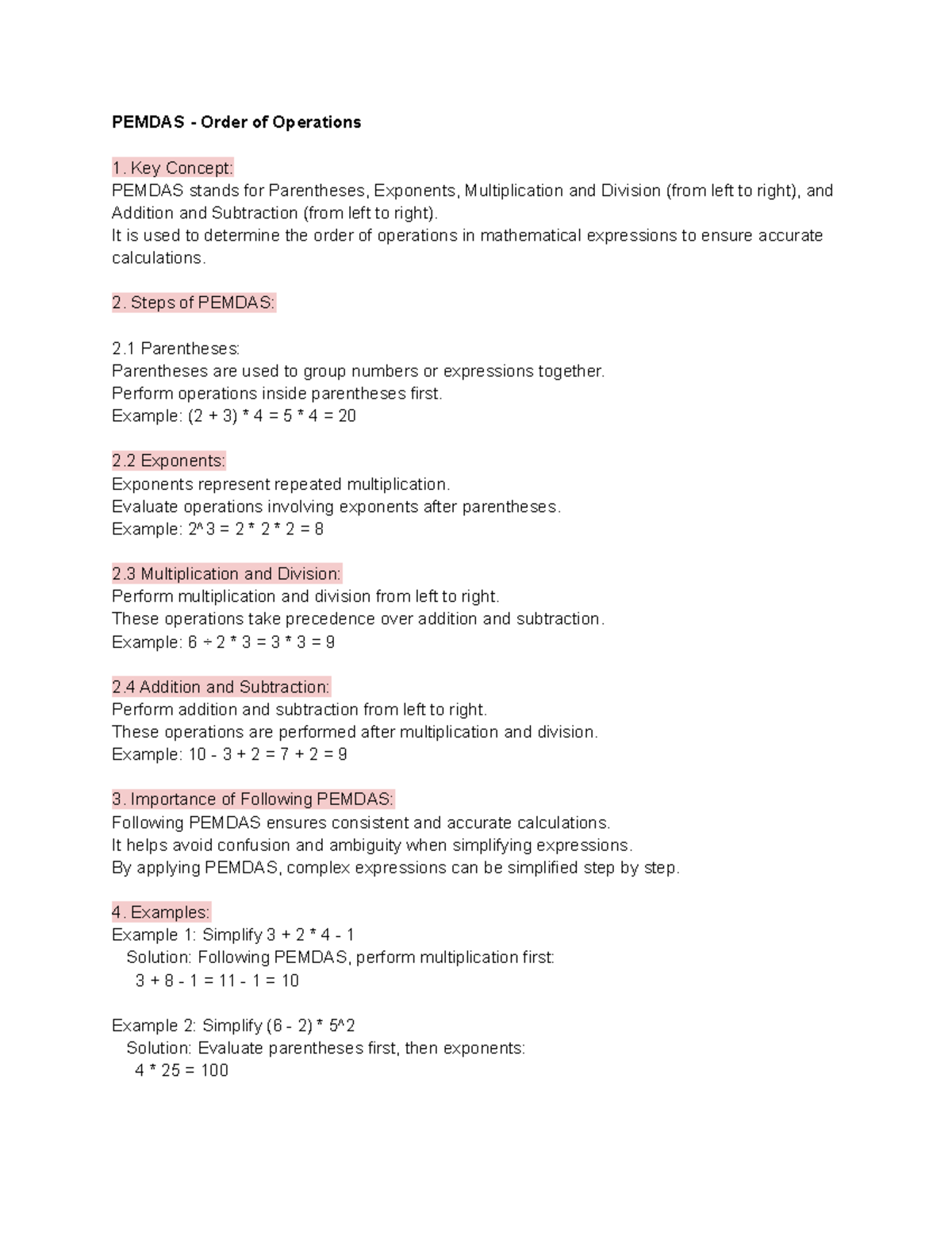 Pemdas Notes Math PEMDAS Order of Operations Key Concept PEMDAS