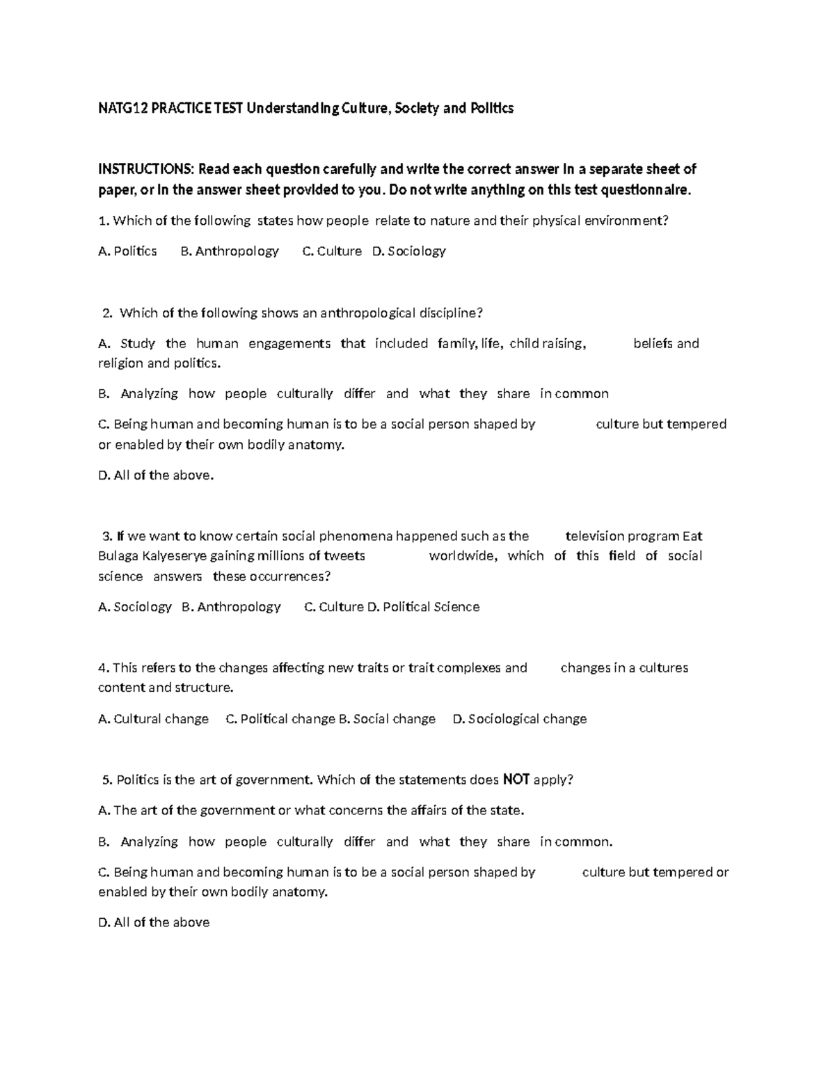 UCSP - NATG12 PRACTICE TEST Understanding Culture, Society and Politics ...