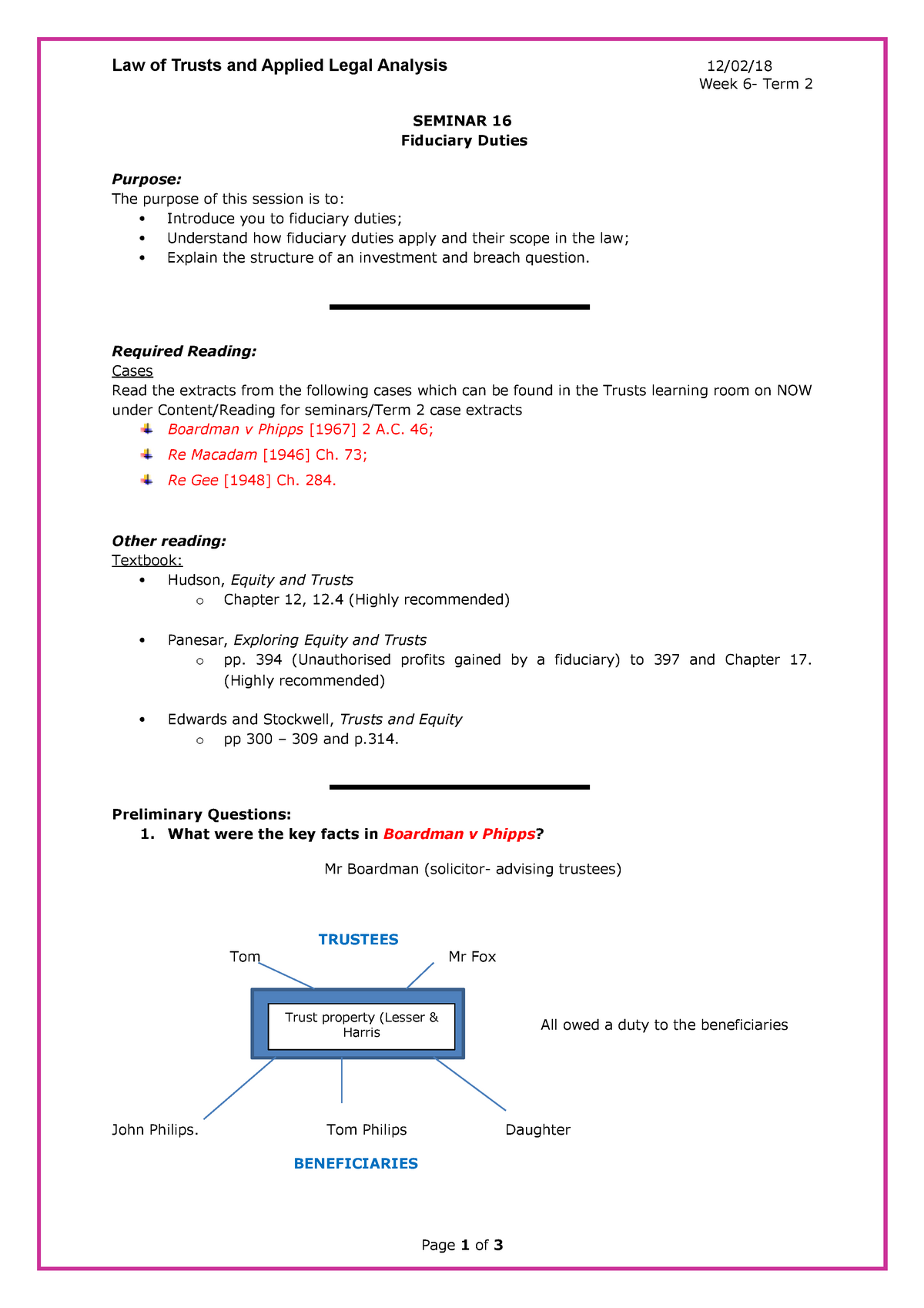 Fiduciary Duties - Law of Trusts and Applied Legal Analysis 12/02/ Week