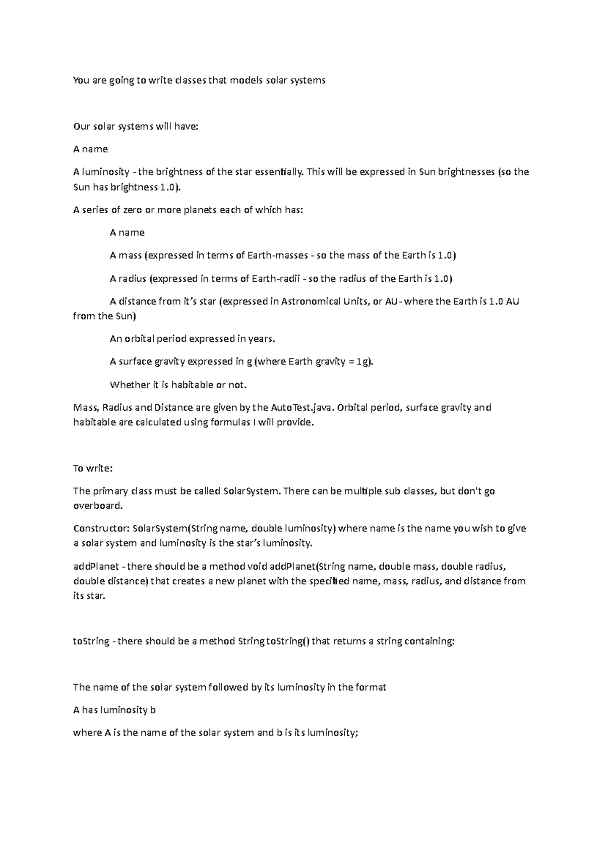 Solar System Spec - You are going to write classes that models solar ...