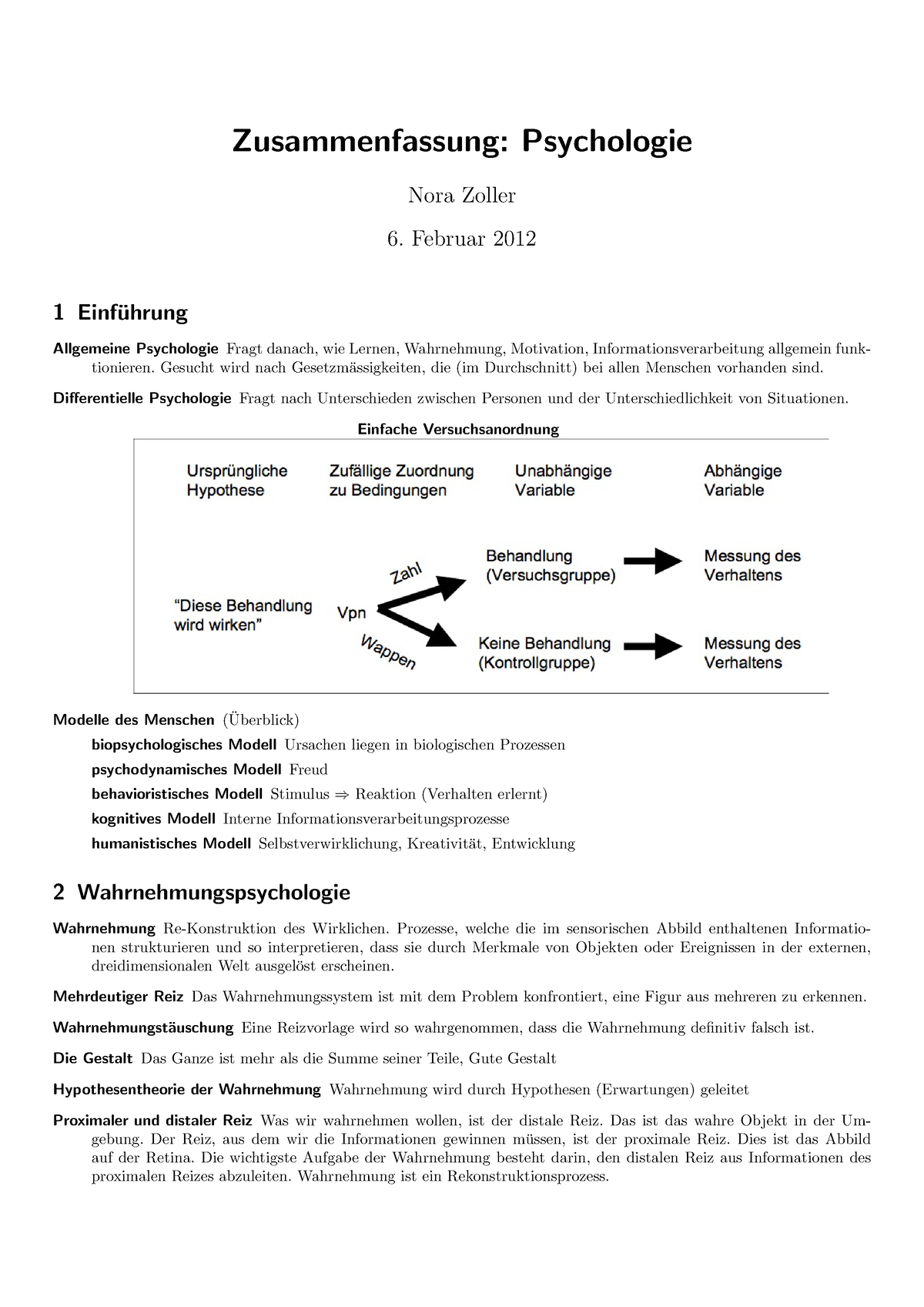 Zusammenfassung Psychologie - Zusammenfassung: Psychologie Nora Zoller ...