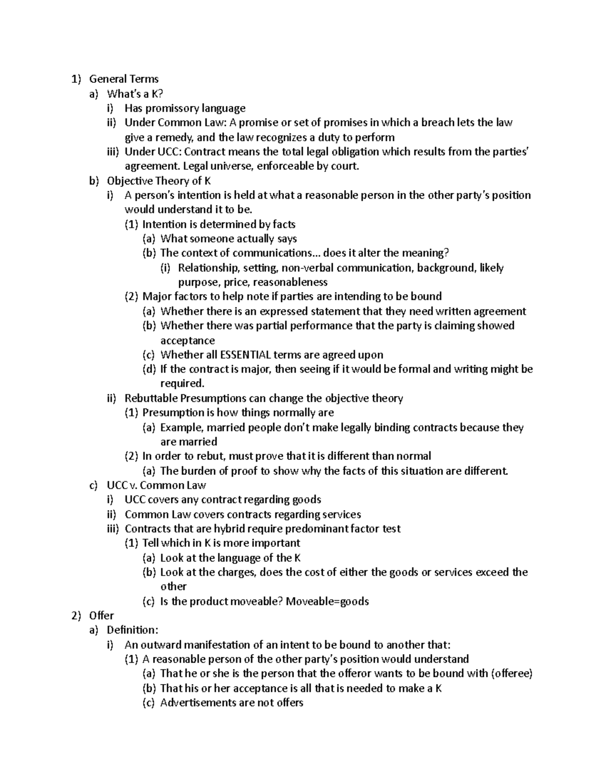 Contracts Outline - Course overview - General Terms a) What’s a K? i ...