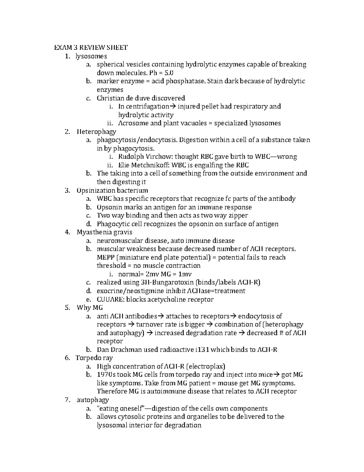 Cell Bio Review Sheet EXAM 3 - EXAM 3 REVIEW SHEET lysosomes a ...