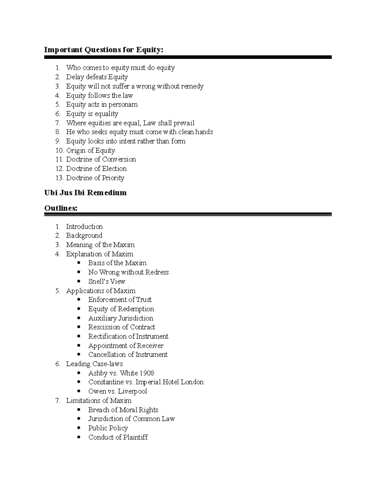 Equity paper preparation Important Questions for Who comes to equity must do Delay defeats