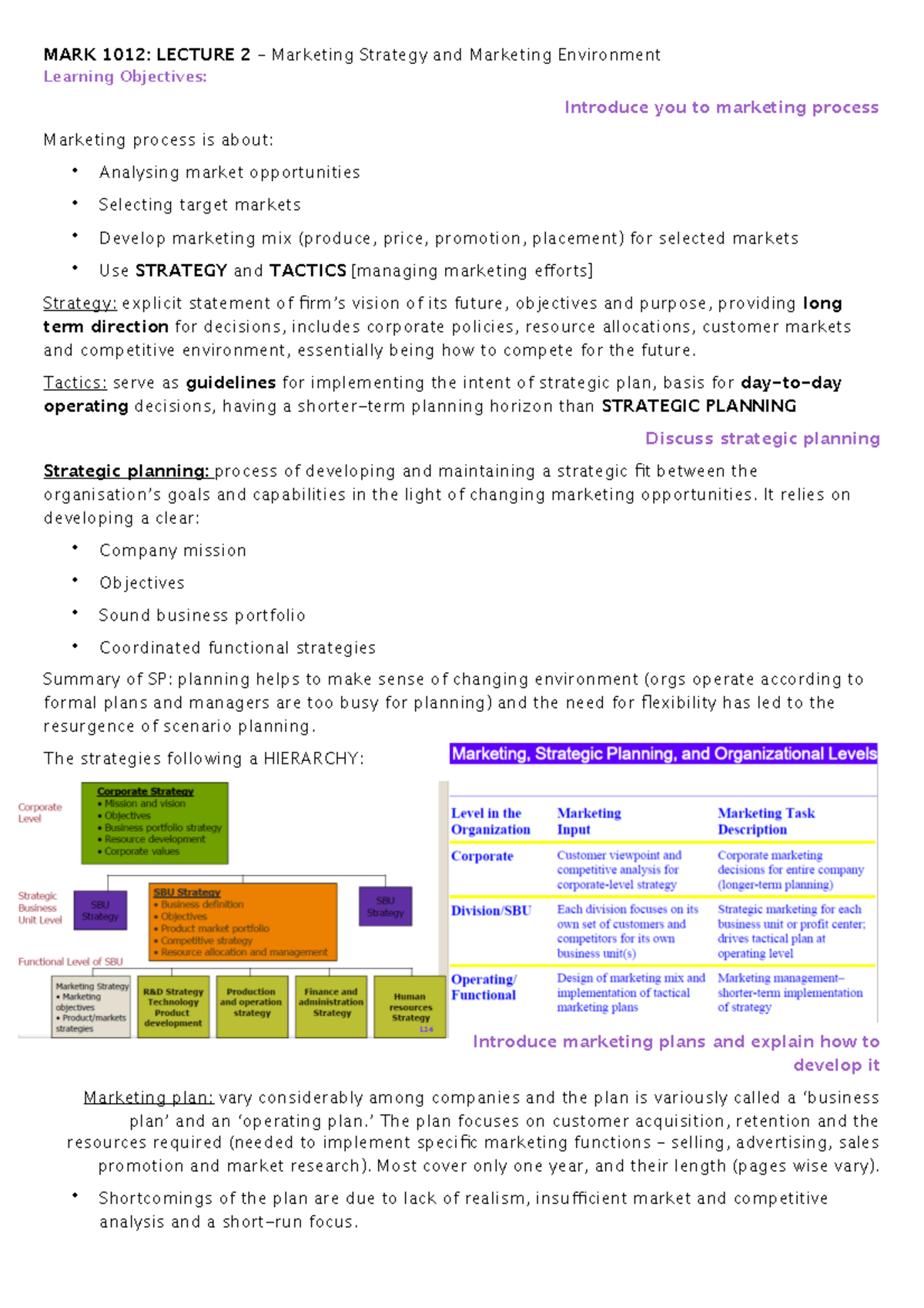 Mark 1012 - Notes For Week 2 - MARK 1012: LECTURE 2 – Marketing ...