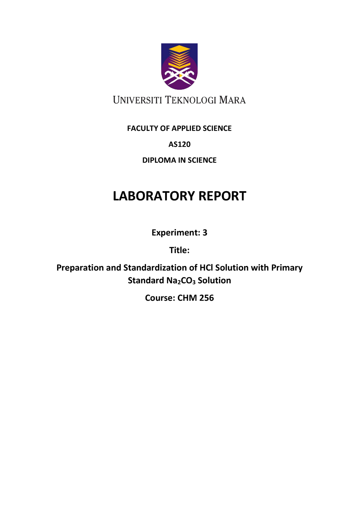 Preparation and Standardization of HCl - FACULTY OF APPLIED SCIENCE AS ...