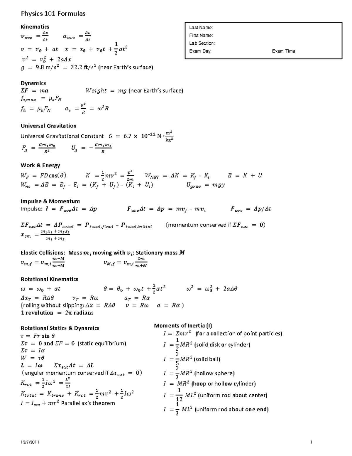 PHYS101 formula sheet - Physics 101 Formulas 12/7/2017 1 Kinematics 𝒗𝒗 ...