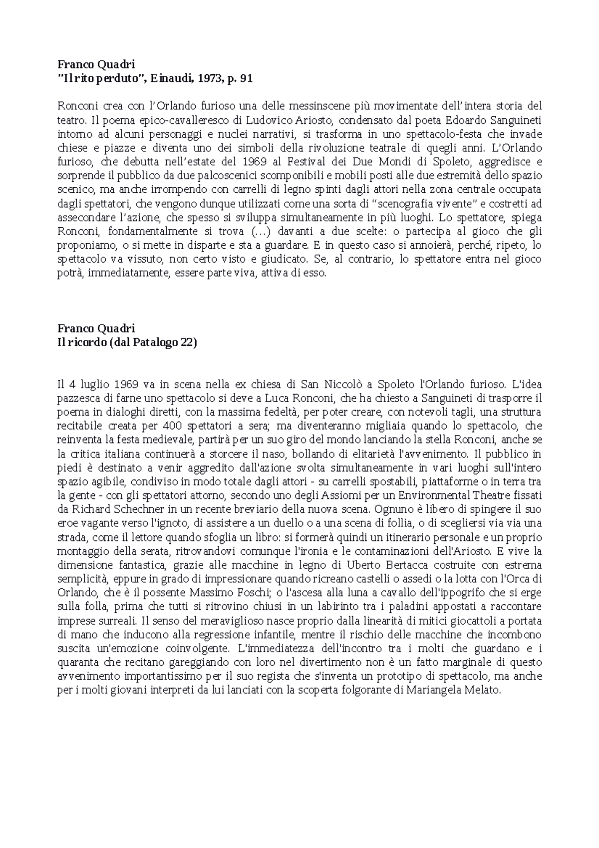 Orlando furioso commento - Franco Quadri rito Einaudi, 1973, p. 91 ...
