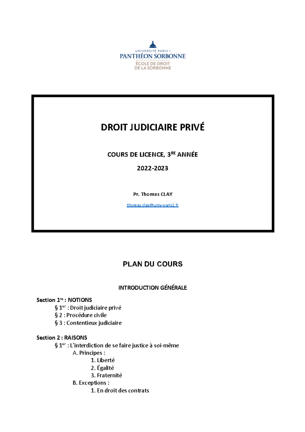 Plan Du Cours De Droit Judiciaire Privé 2022-2023 (provisoire) - DROIT ...