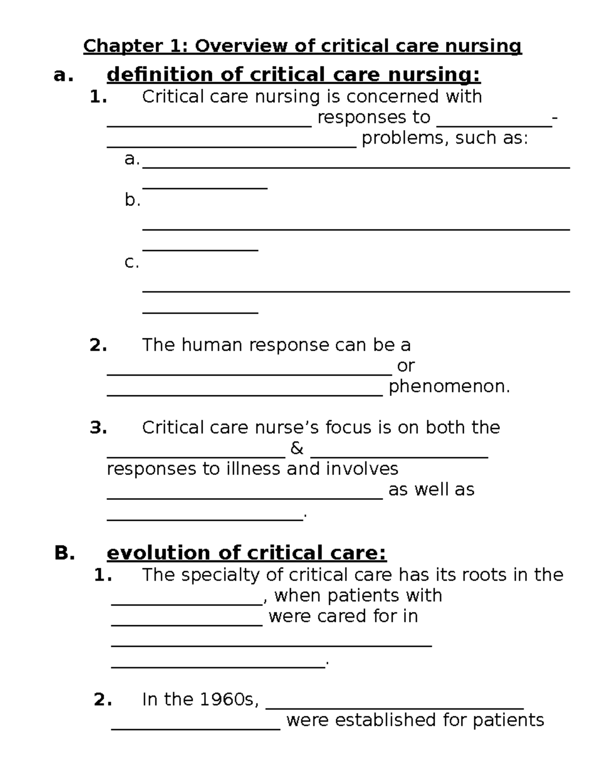 critical care nursing introduction quiz