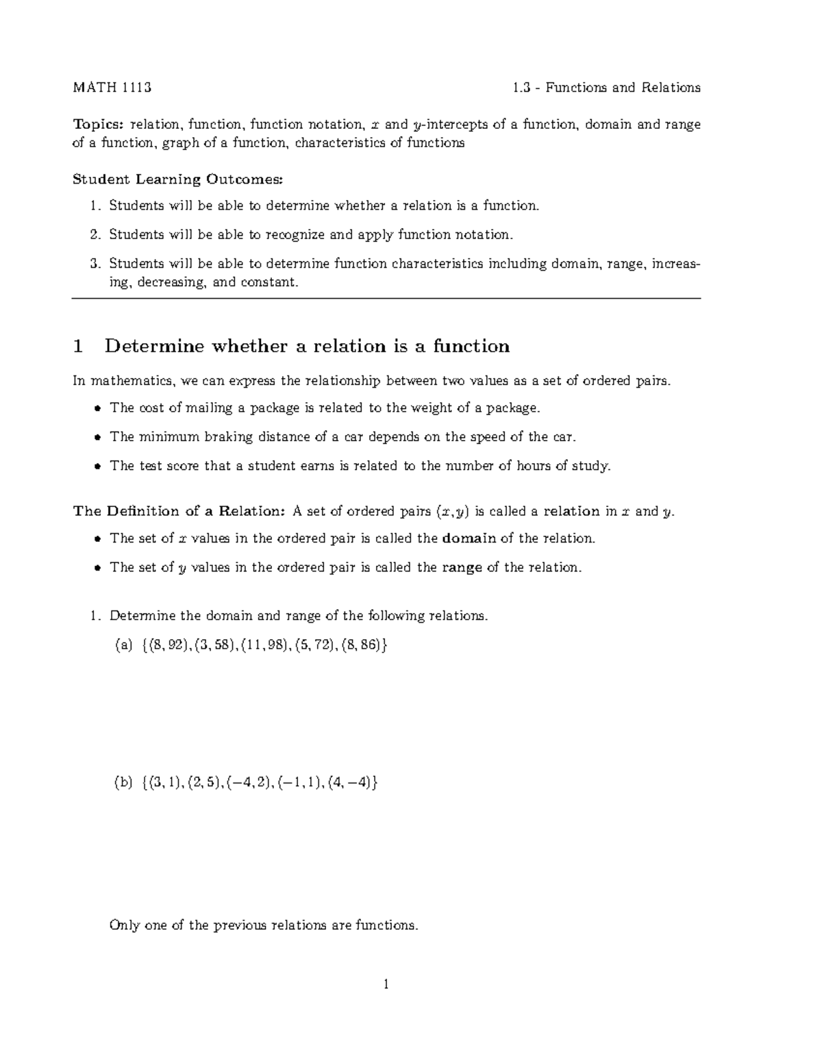 1 - math practice problems for precalc - MATH 1113 1 - Functions and ...