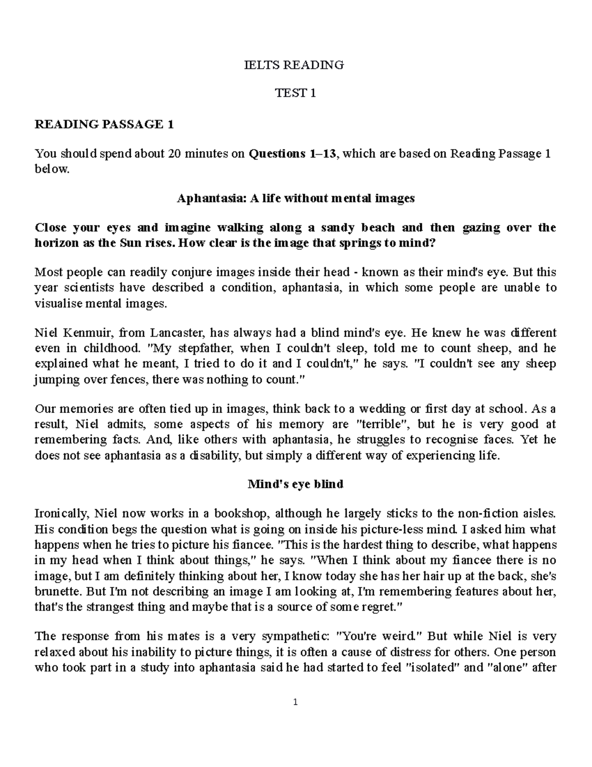Ielts Reading Final Vcbc IELTS READING TEST 1 READING PASSAGE 1 You