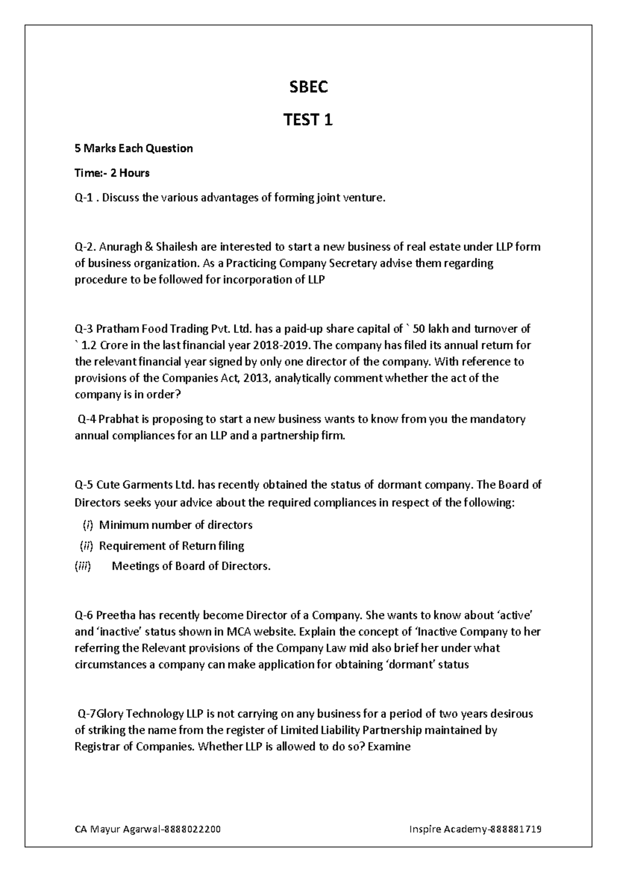 SBEC Test Question Paper 1 - CA Mayur Agarwal- 8888022200 Inspire ...