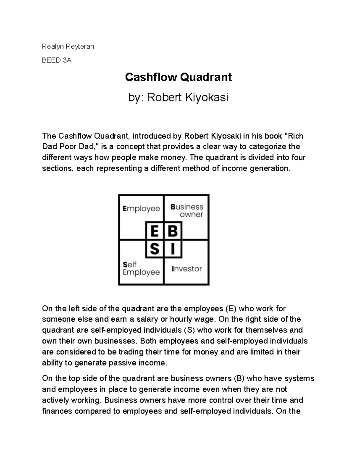 Entrep Summary Rich Dads Cashflow Quadrant Realyn Reyteran Beed 3a