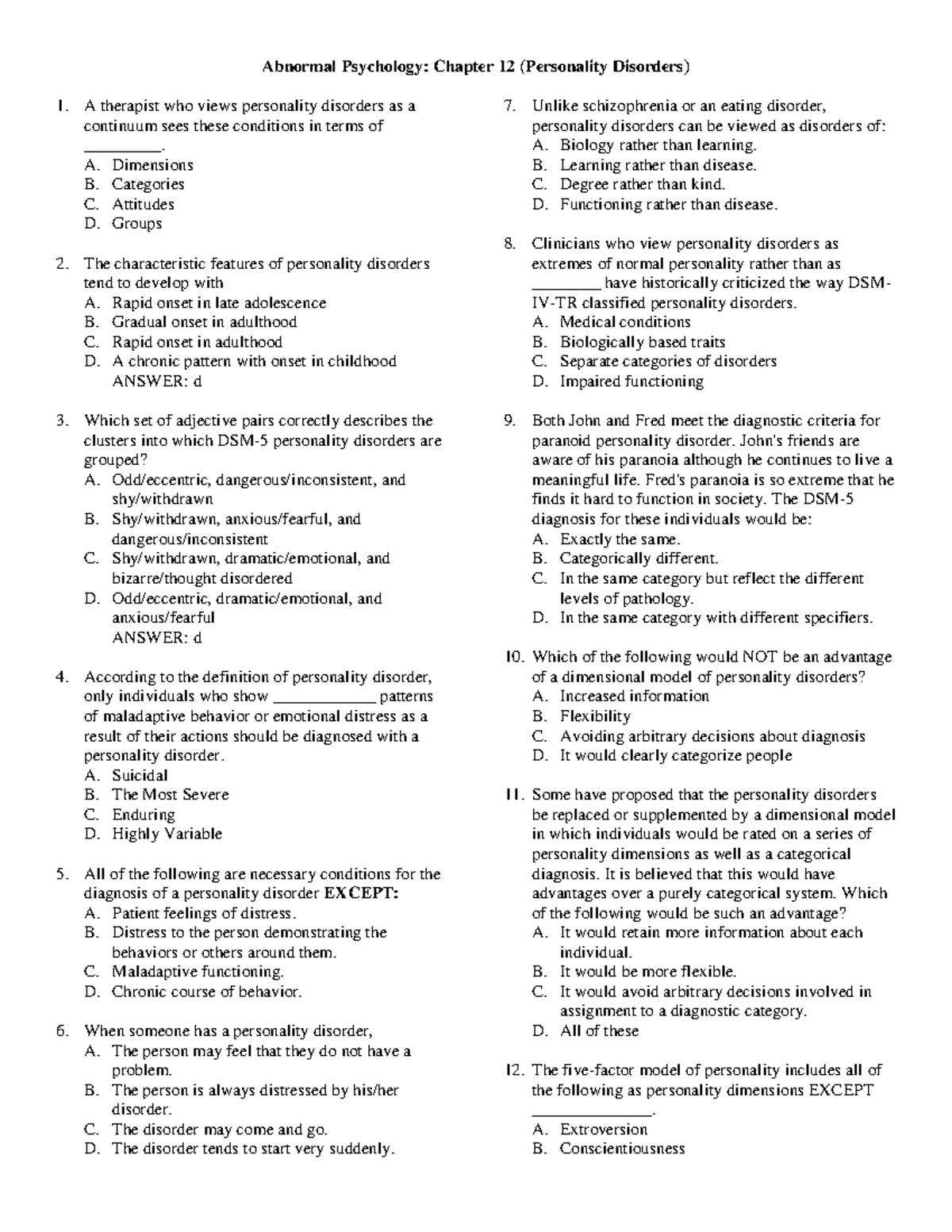 Abnormal Psychology Ch 12 - Abnormal Psychology: Chapter 12 ...