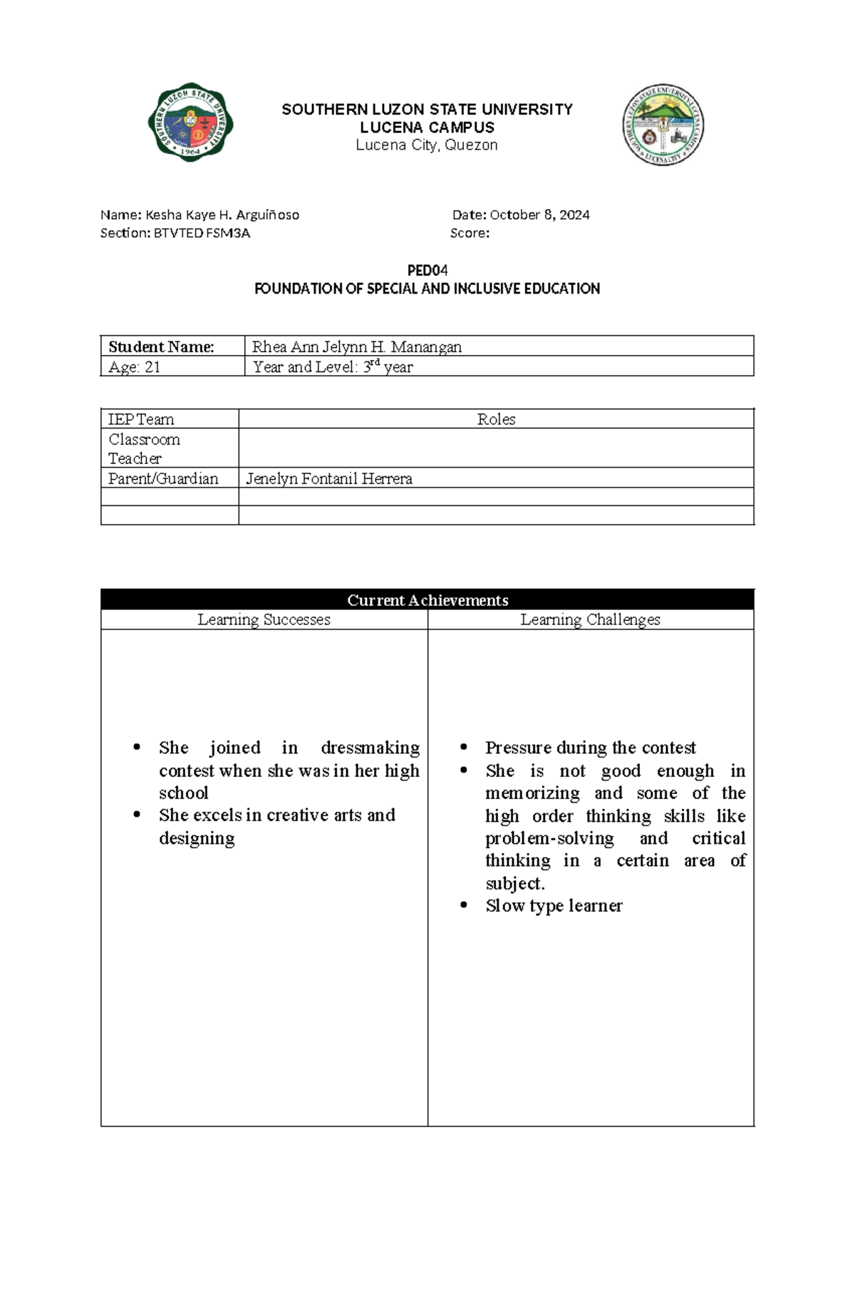 Blank-IEP kkha - iep - SOUTHERN LUZON STATE UNIVERSITY LUCENA CAMPUS ...