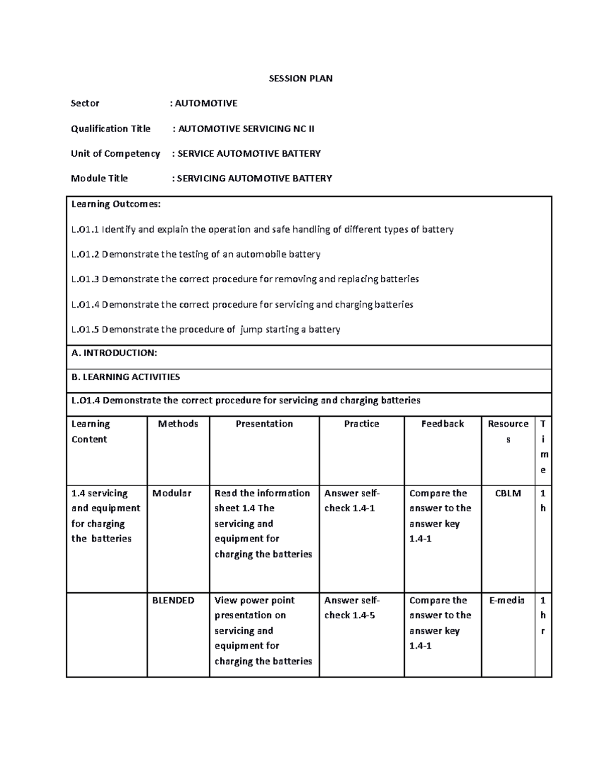 Document Hwjdkfifidid SESSION PLAN Sector AUTOMOTIVE Qualification Title AUTOMOTIVE