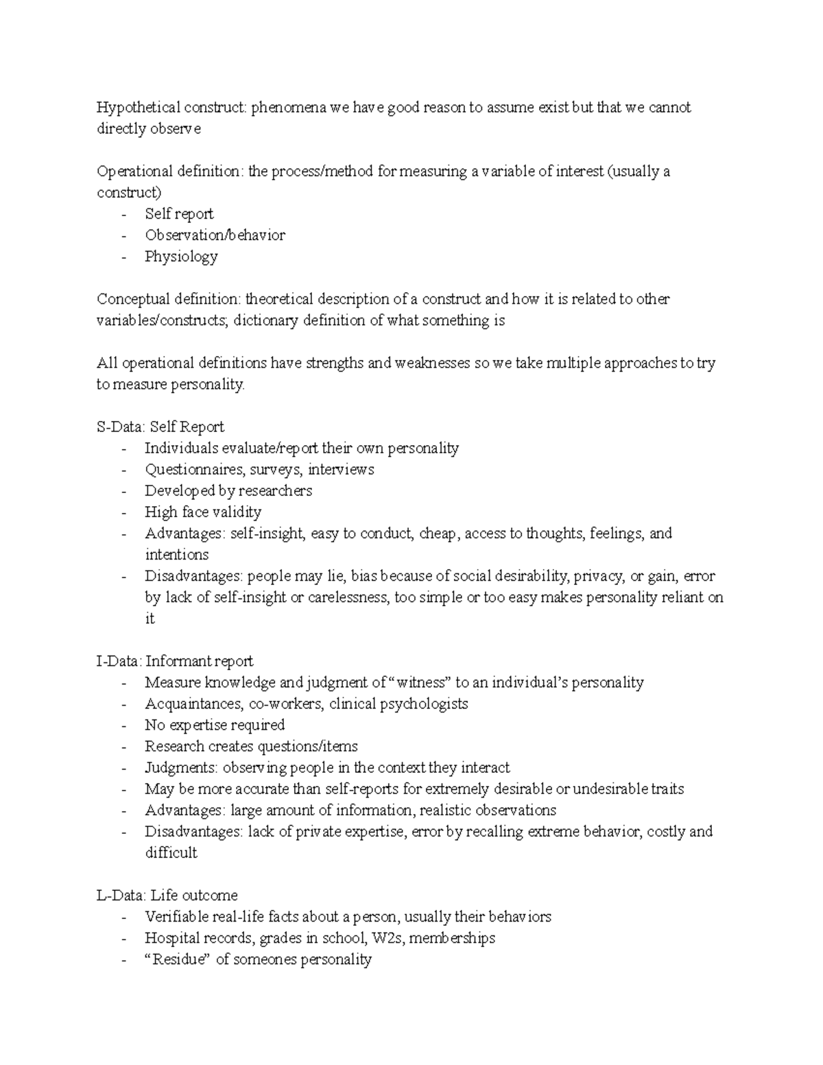 Chapter 2 Personality Assessment Notes - Hypothetical construct ...