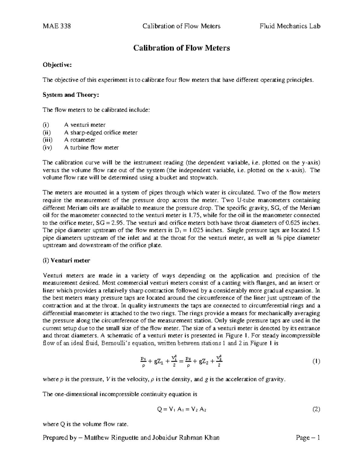Calibration of Flow Meters MAE 338LAB UB Studocu