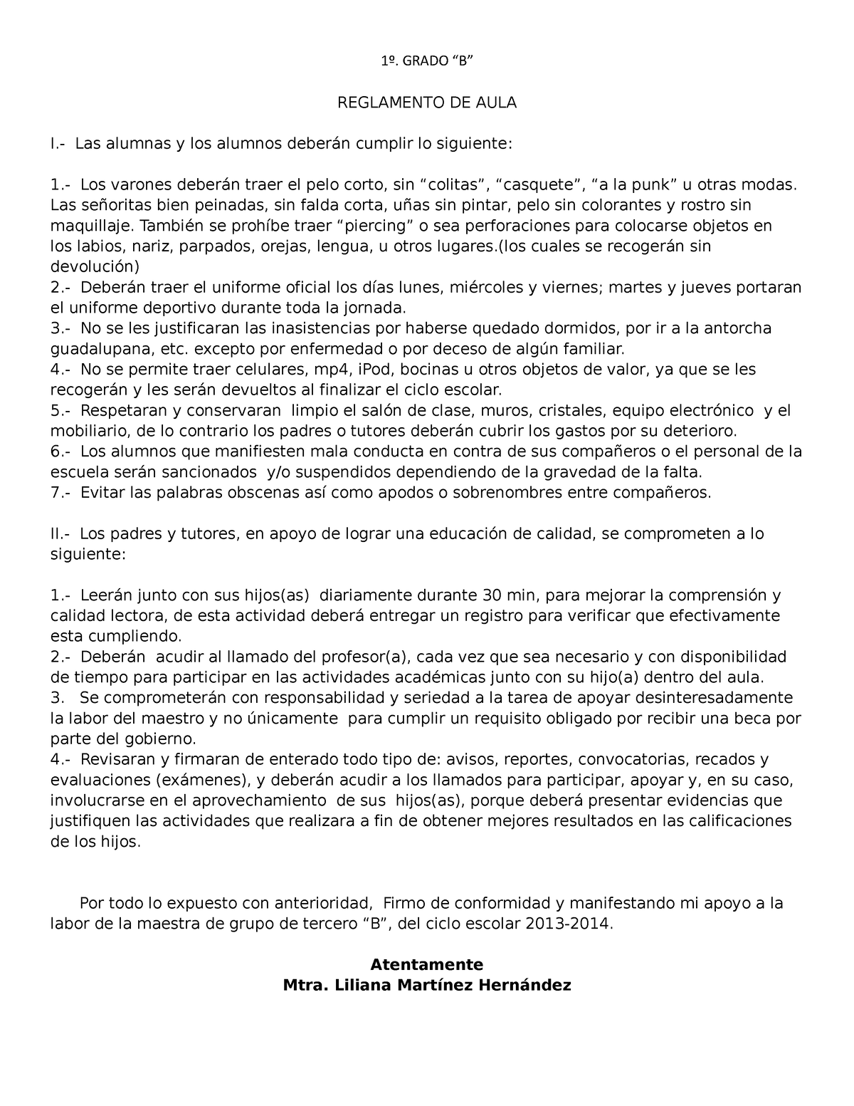 Reglamento AULA - 1º. GRADO “B” REGLAMENTO DE AULA I.- Las Alumnas Y ...