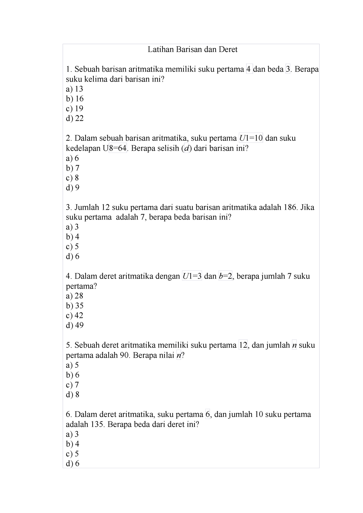 Barander - A TEST ABOUT BARISAN DAN DERET - Latihan Barisan Dan Deret ...