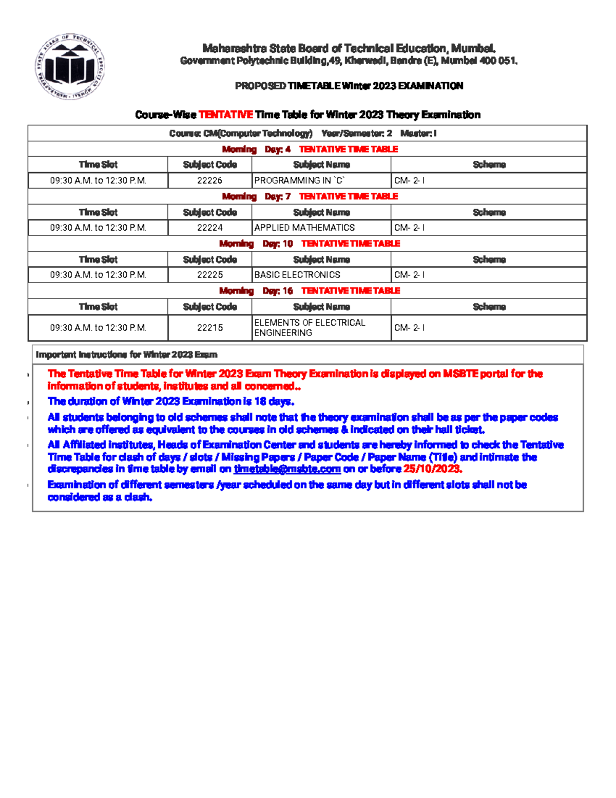 Back log timetable - Maharashtra State Board of Technical Education ...