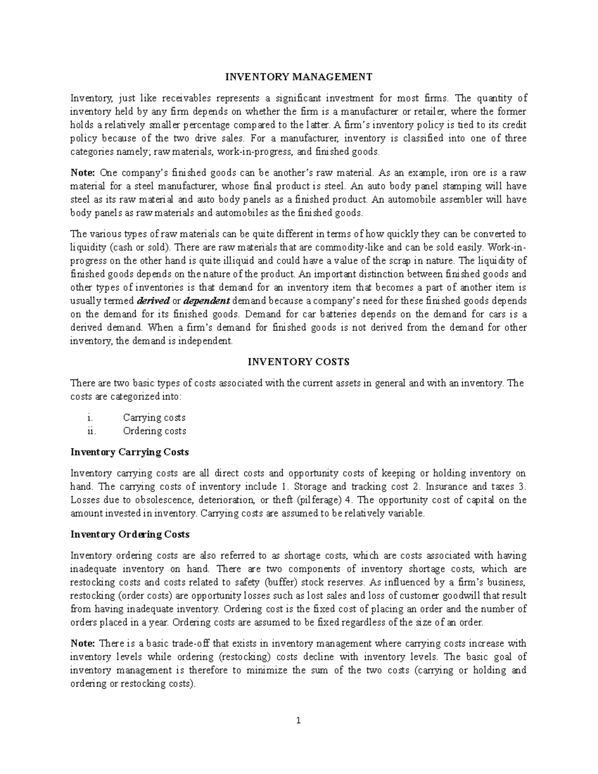 ACCT 2301 Inventory Management Notes - INVENTORY MANAGEMENT Inventory ...