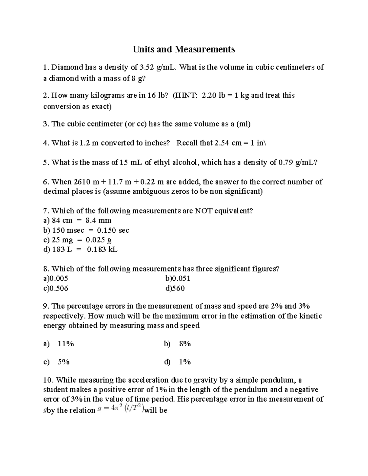 Units and Measurements Question Bank - Units and Measurements Diamond ...