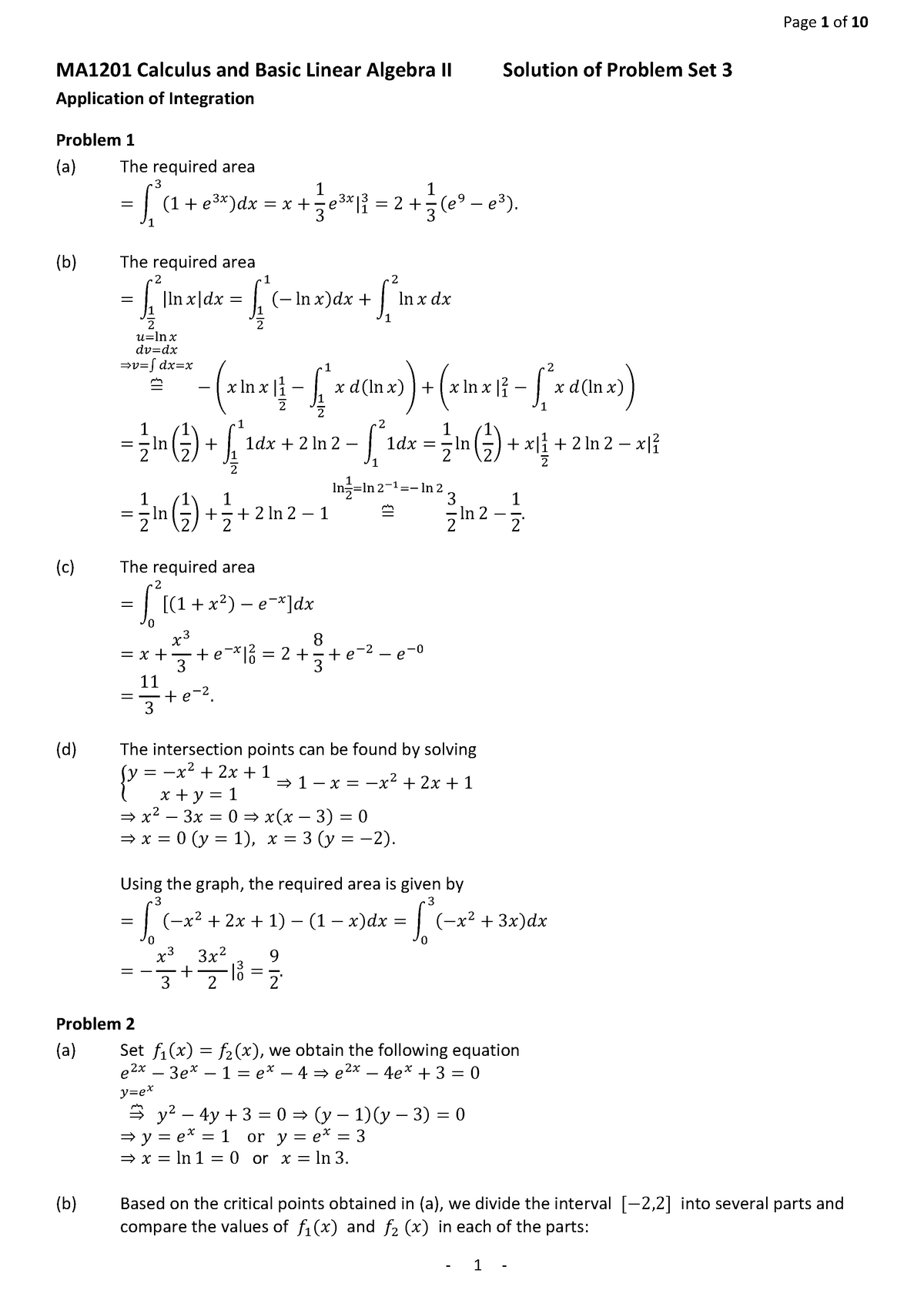 Solution Set 3 Integration Application - Page 1 Of 10 MA1201 Calculus ...