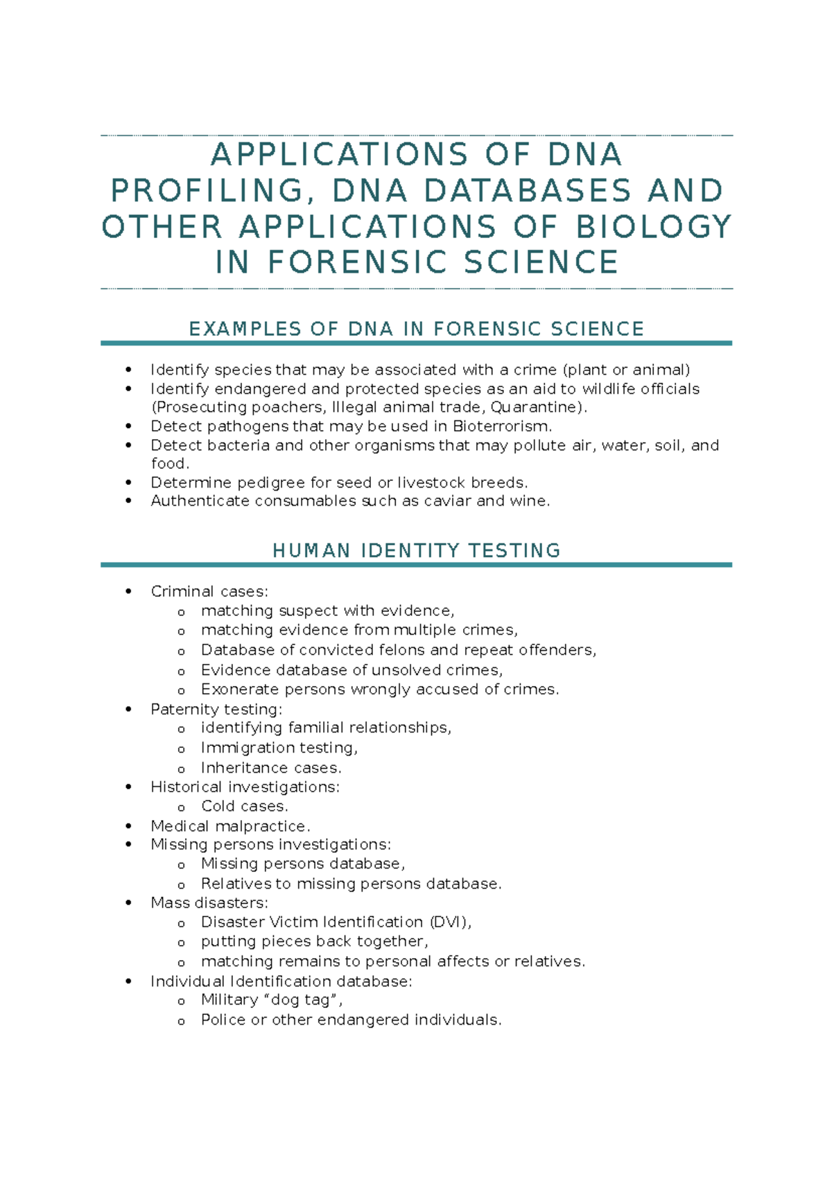 Applications of DNA Profiling A P P L I C AT I O N S O F D N A P R O