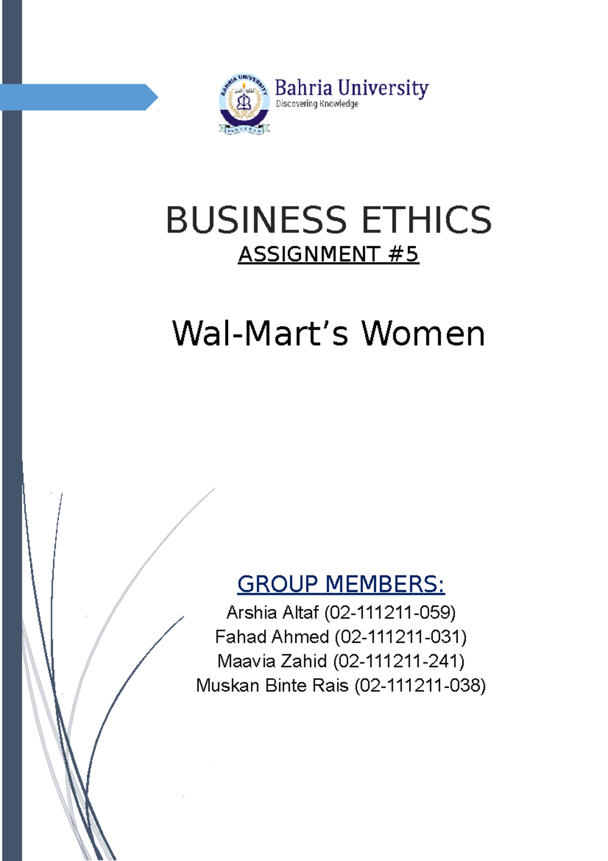 Walmarts women ass 5 - business ethics - BUSINESS ETHICS ASSIGNMENT # 5 ...